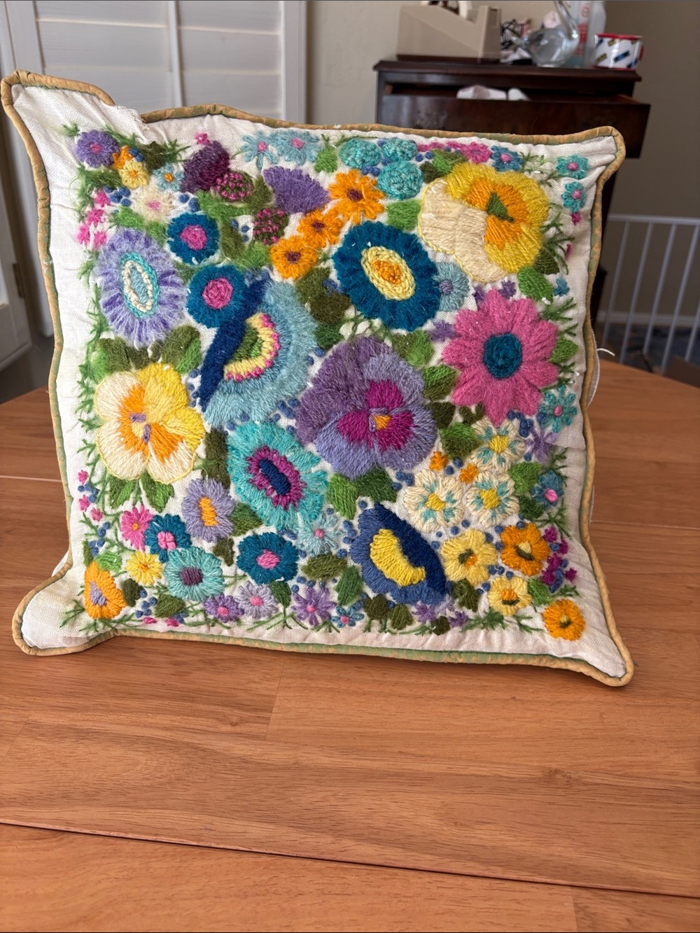 Handcrafted Vintage Floral Hooked Pillow ~ Fiber Art ~ See Photos ~ As-is ~ 70s